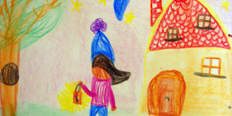 Drawing of child in a blue hat walking with a lantern by a yellow house