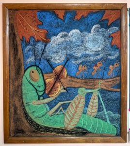 chalkboard drawing of the ants and the grasshopper fable