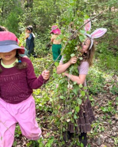 kindergarten students working in the forest