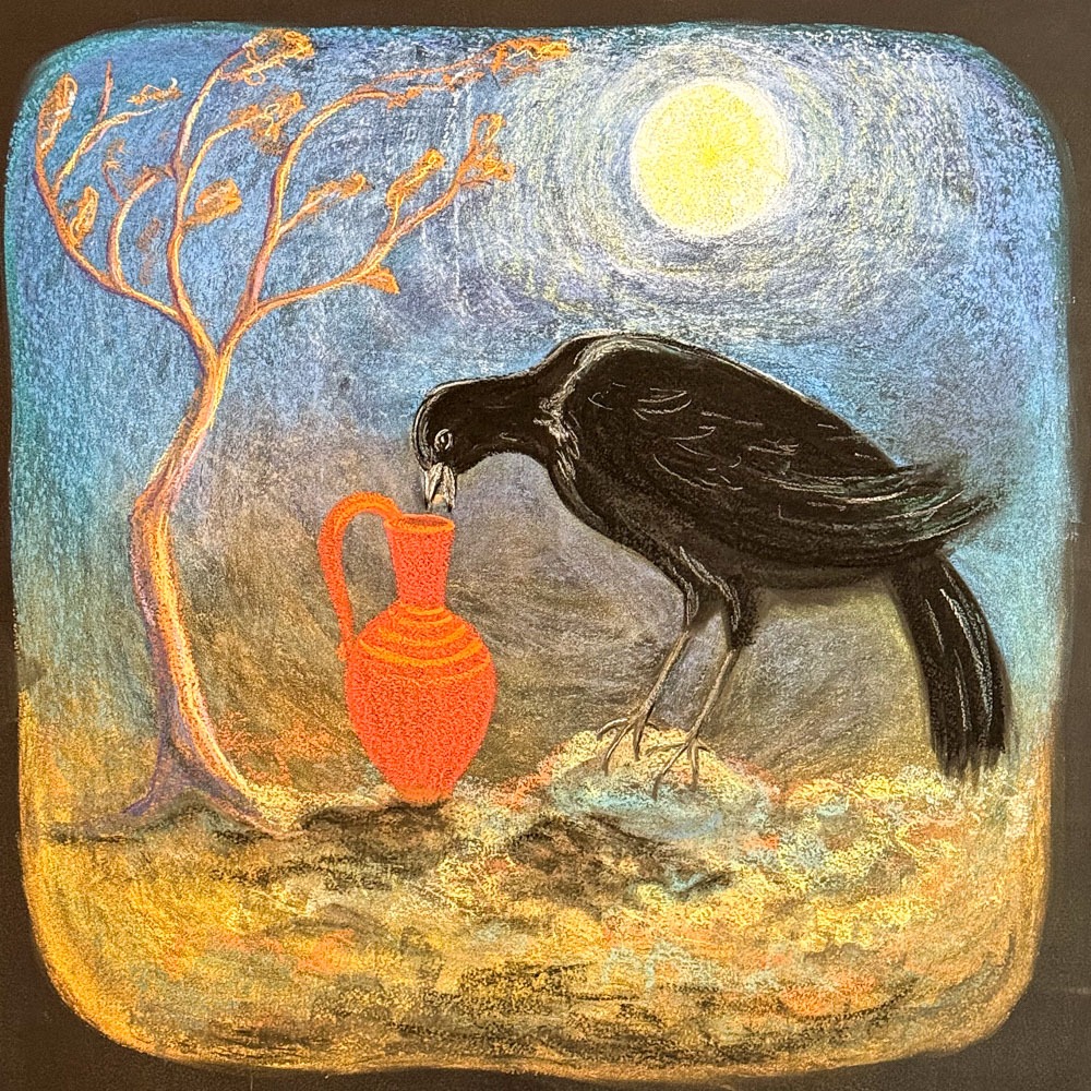 Second grade chalkboard drawing from study of animal stories and fables