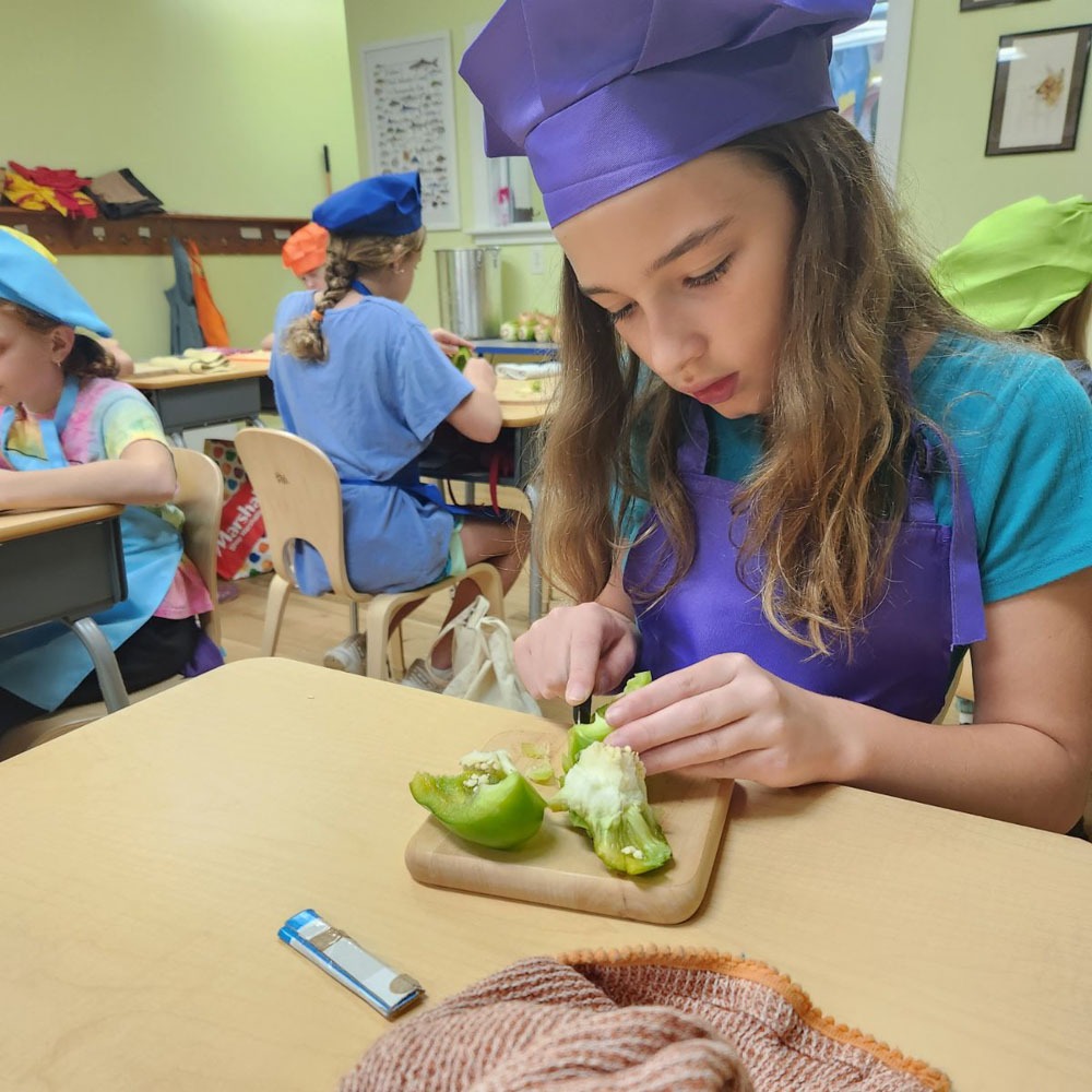 Fourth grade student chopping vegetables