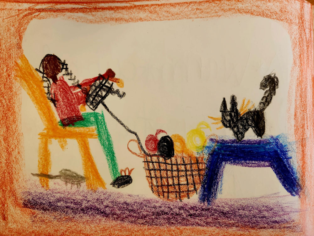 first grade student drawing of child knitting and a black cat on a stool
