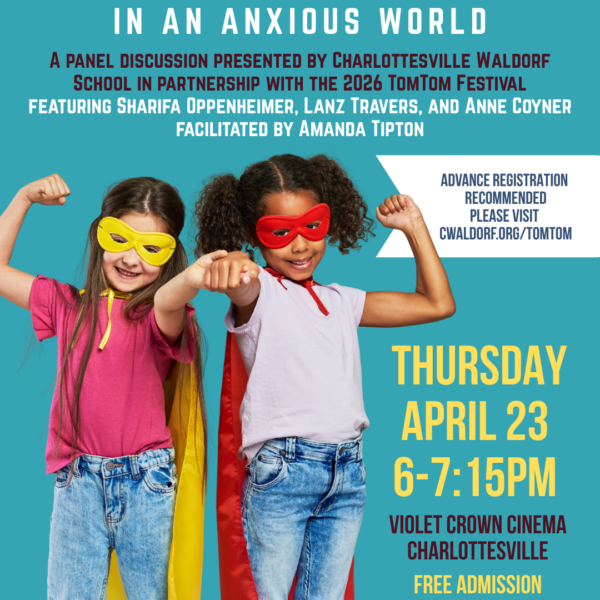 Raising Courageous Humans - poster graphic showing two young girls in brightly colored capes and super hero masks looking strong!
