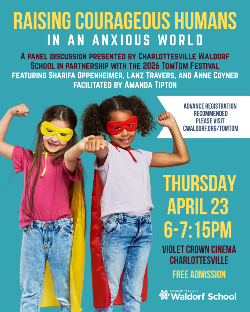 Raising Courageous Humans - poster graphic showing two young girls in brightly colored capes and super hero masks looking strong!