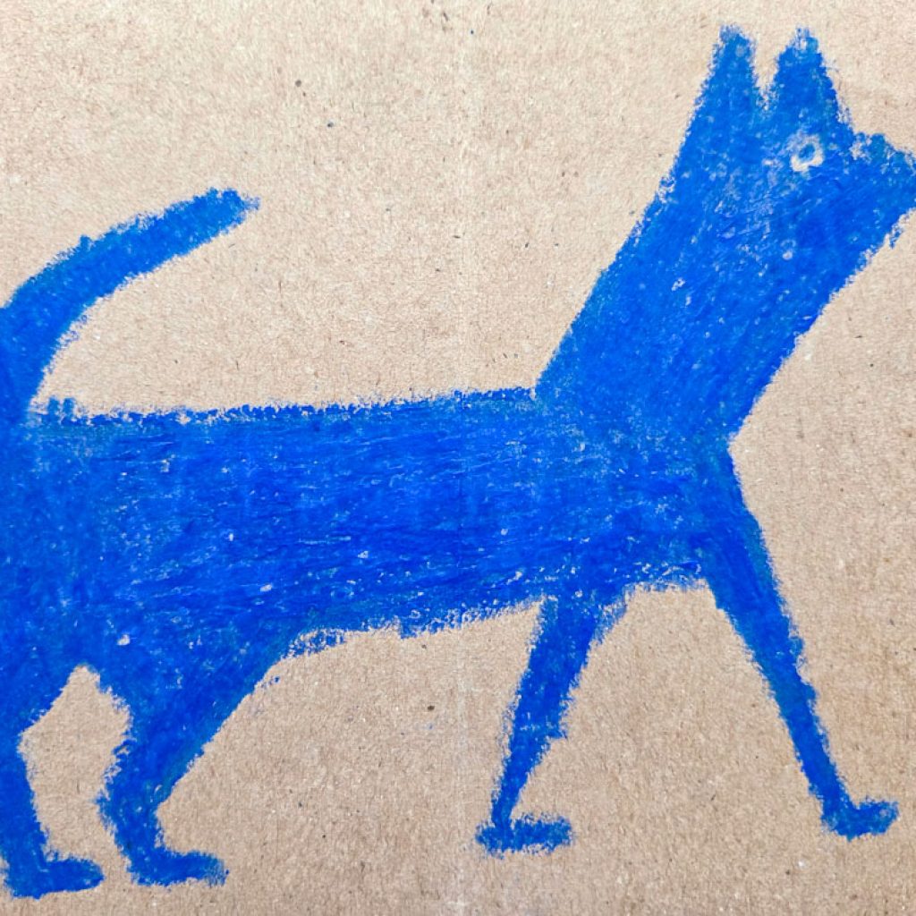 First grade student drawing inspired by Bill Traylor’s “Blue Dog”