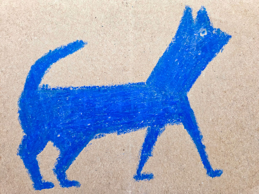 First grade student drawing inspired by Bill Traylor’s “Blue Dog”