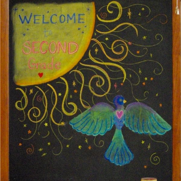 chalkboard drawing welcoming students to the second grade classroom at Charlottesville Waldorf School