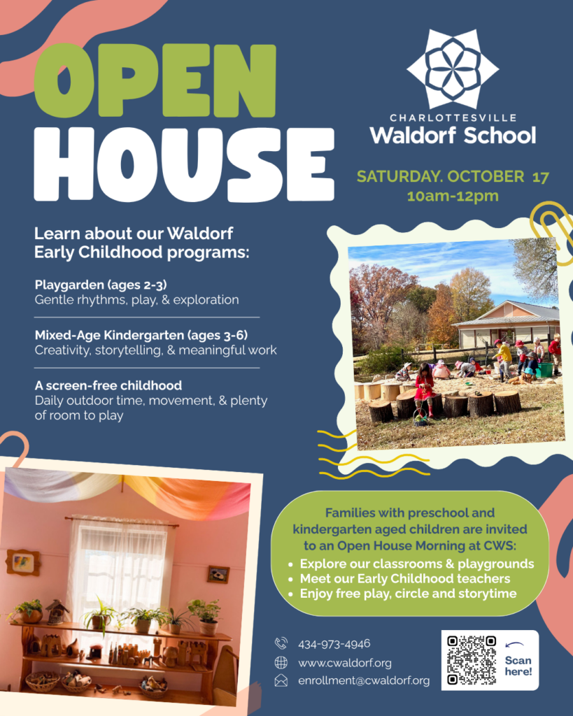 graphic for CWS Open House - October 17, 10am-12pm at Charlottesville Waldorf School.