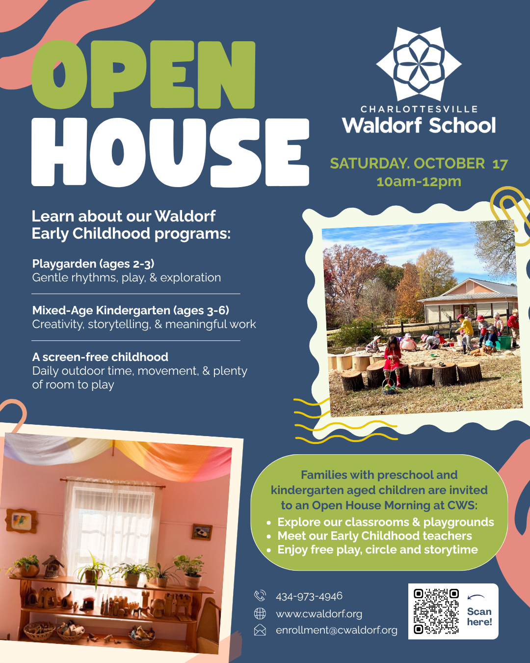 graphic for CWS Open House - October 17, 10am-12pm at Charlottesville Waldorf School.